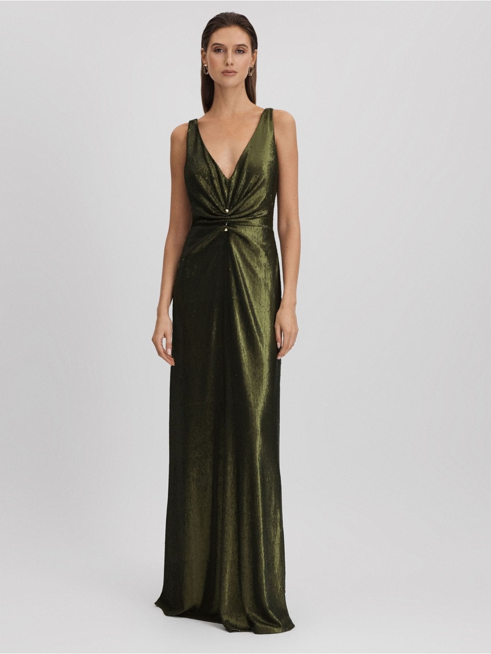 Halston Cassandra Olive Green Twist-Front V-Neck Sequin Maxi Dress